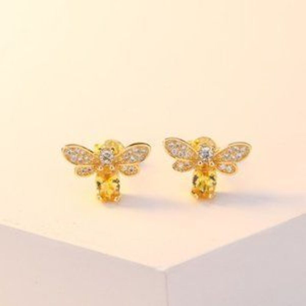 NEW 18K Gold Citrine Diamond Bee Stud Earrings